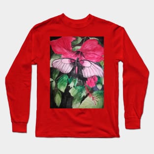 Pink butterfly and red hibiscus flower Long Sleeve T-Shirt